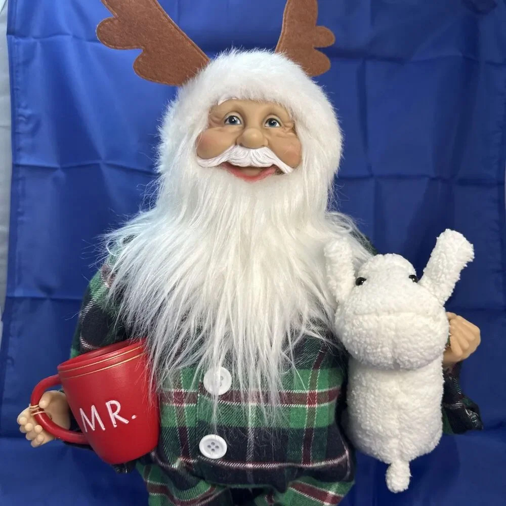 Holiday Time 18” Santa Doll Wearing Plaid Pajamas Holding Cup Hot Chocolate